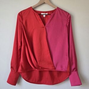 Milly Silk Blend Draped Blouse Wrap Style Long Sleeve Womens P Pink Red